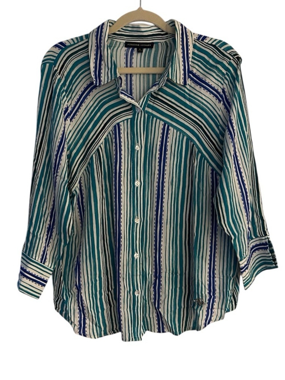 Adrienne Vittadini Button Front Top Size XL Blue Green Stripe Rayon